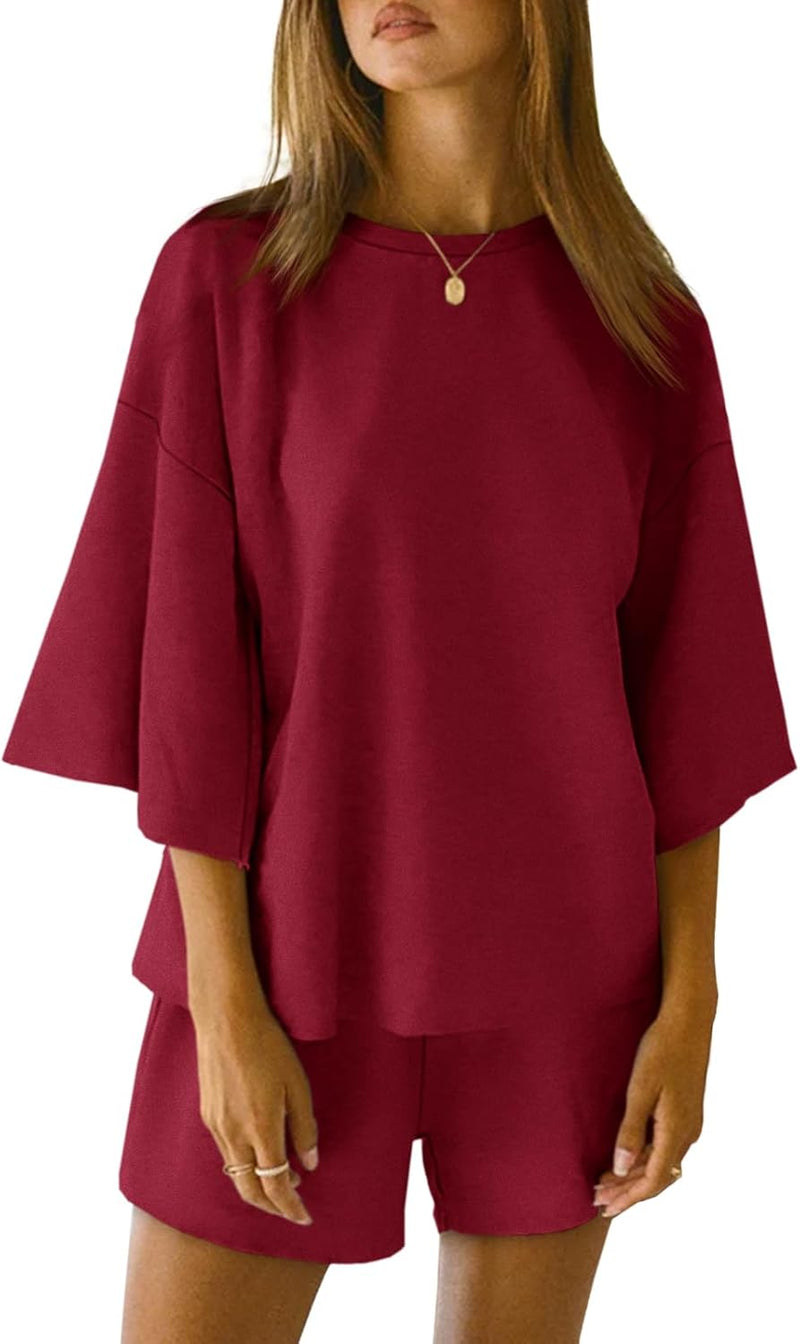 Womens Pajama Sets 3/4 Sleeve Oversized Tops and Elastic Waist Shorts Lounge Sets Loungewear - Burgundy