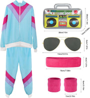 80s 90s Fancy Dress Costumes Men Women, 80s Shell Suit Costume Retro Tracksuit with Pilot Glasses Headband Wristbands Inflatable Boom Box, 1980s Fancy Dress for Carnival Parties Halloween
