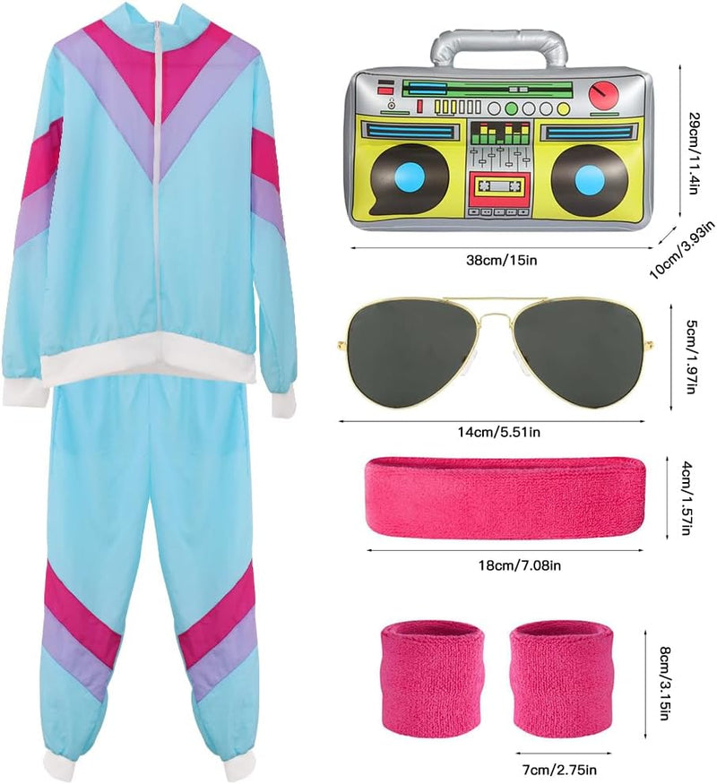 80s 90s Fancy Dress Costumes Men Women, 80s Shell Suit Costume Retro Tracksuit with Pilot Glasses Headband Wristbands Inflatable Boom Box, 1980s Fancy Dress for Carnival Parties Halloween