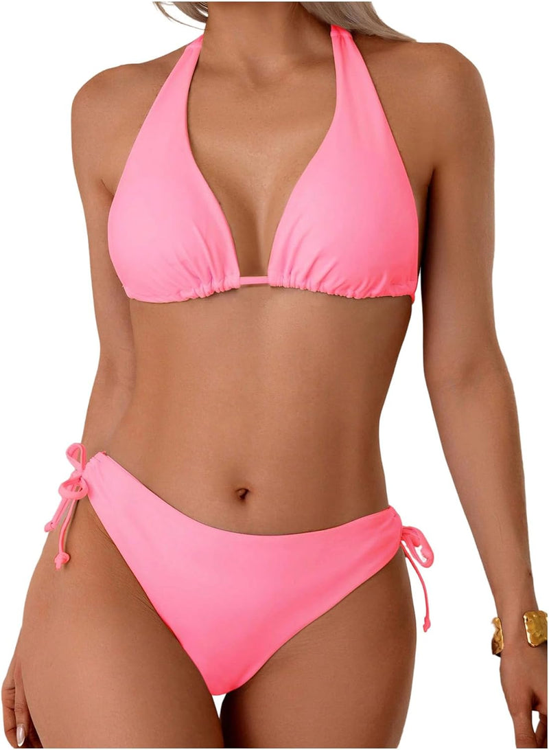 GORGLITTER Women's 2 Piece Swimsuits Halter Tie Side Thong Beach Bikini Set