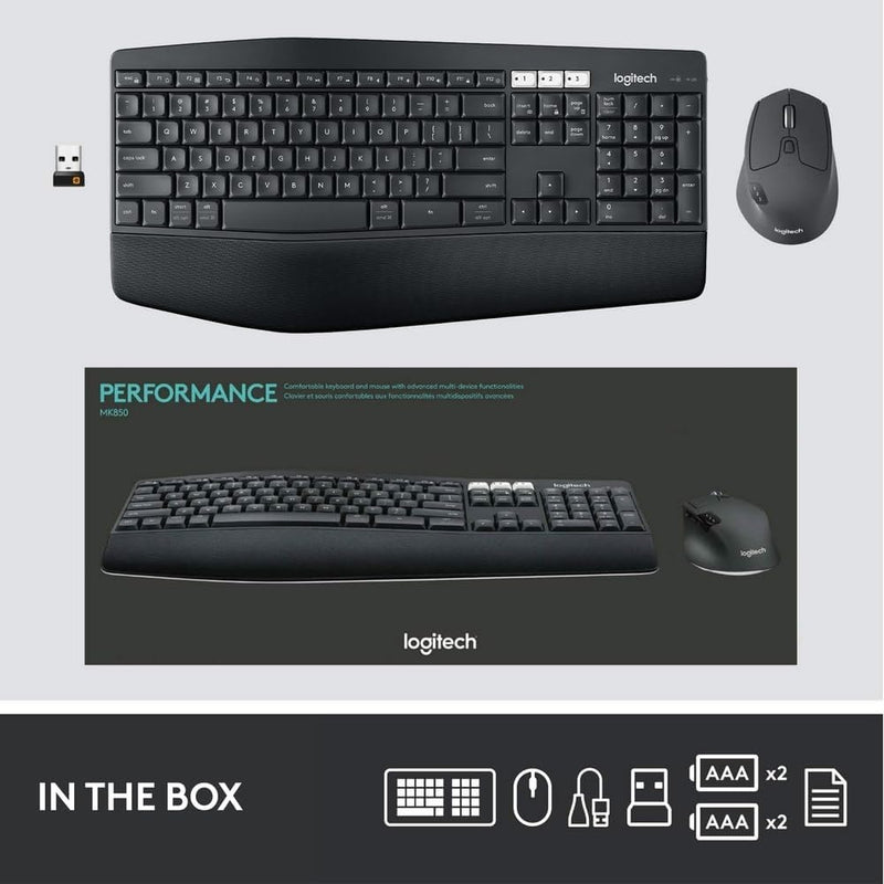 Logitech MK850 Multi-device wireless keyboard and mouse, Bluetooth 2.4 GHz, flexible frame and wireless, 12 programmable keys, battery life 3 years, PC/Mac, QWERTY UK design - Black