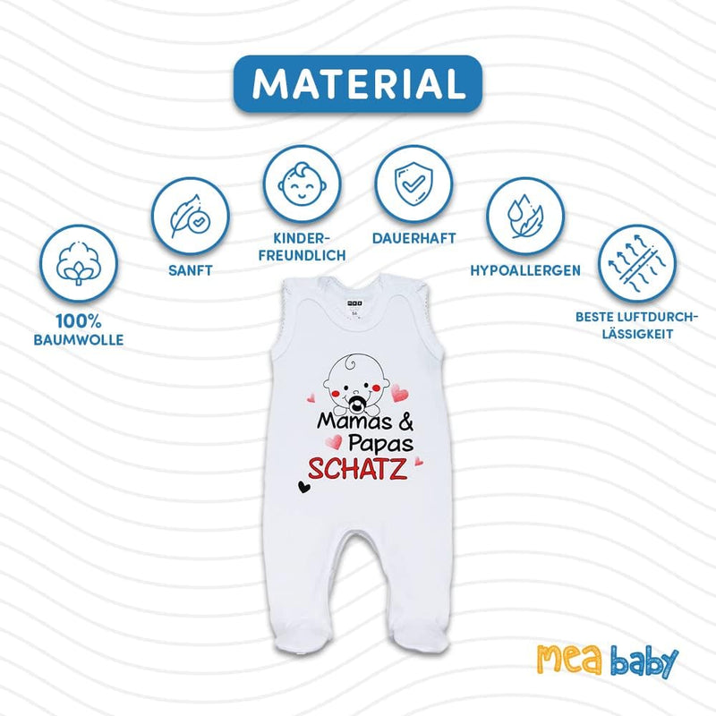 MEA BABY Unisex Baby Strampler mit Spruch Mamas & Papas Schatz,100% Baumwolle. Baby Strampler Weiß. Baby Strampler für Mädchen Baby Strampler für Jungen.
