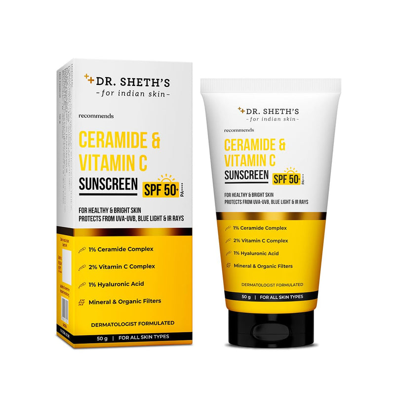 Dr. Sheth's Sunscreen SPF 50 Cream with Ceramide & Vitamin C for Oily, Sensitive, Dry Skin | For Intense Hydration | Non Greasy, Quick Absorbing | Zero White Cast | PA+++ | For Women & Men | 50g