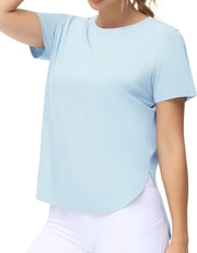 Women's Workout T-Shirts Loose Fit Short Sleeve Cotton Running Basic Tee Tops with Split Hem - Light Blue