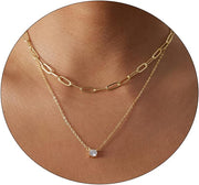 Diamond Necklaces for Women Dainty Leaf Necklace 14k Gold Plated Layered CZ Moon Necklace Simple Diamond Choker Necklaces for Women Trendy Jewelry Gifts for Girls - Gold Layered Paperclip Square 16.5/2 Inch
