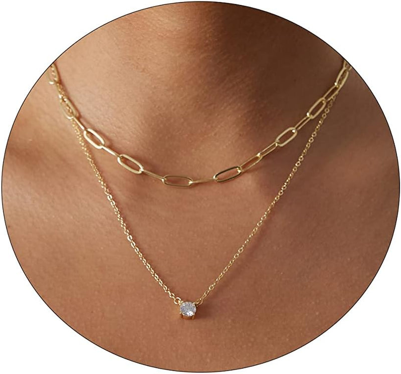 Diamond Necklaces for Women Dainty Leaf Necklace 14k Gold Plated Layered CZ Moon Necklace Simple Diamond Choker Necklaces for Women Trendy Jewelry Gifts for Girls - Gold Layered Paperclip Square 16.5/2 Inch