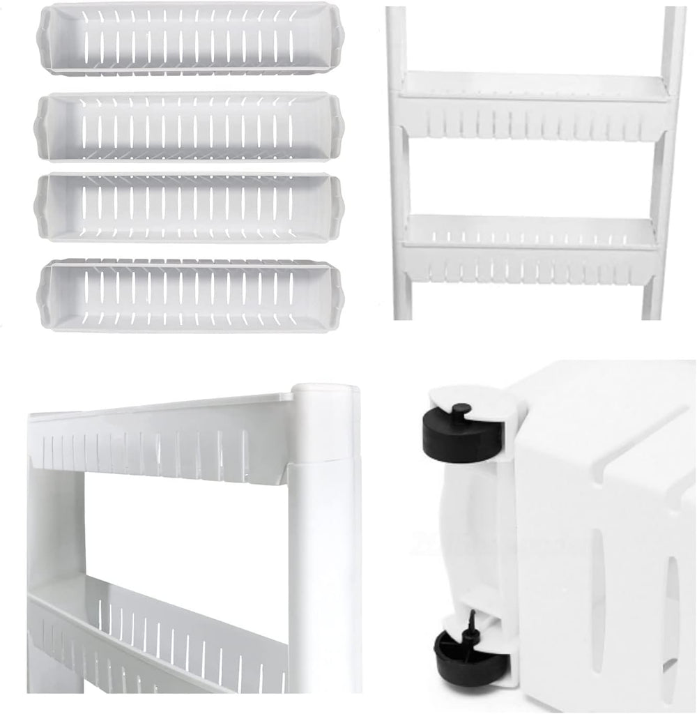 SKY-TOUCH 4 Tier Kitchen Plastic Storage Shelf Slim, Mobile Narrow Rolling Cart with Wheels, Storage Cart for Kitchen Bathroom Laundry Office Narrow Places