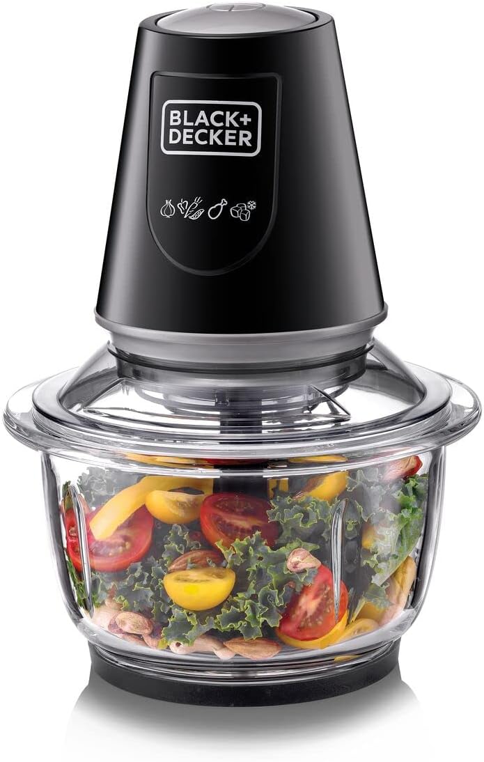 BLACK+DECKER Multi-Function Glass Chopper & Mincer, 400W, XXL 1.2L Bowl, 4-Blade System, Pulse Speed for Precision, Ice Crushing, Compact Sleek Black Design, Easy to Clean, Black - GC400-B5