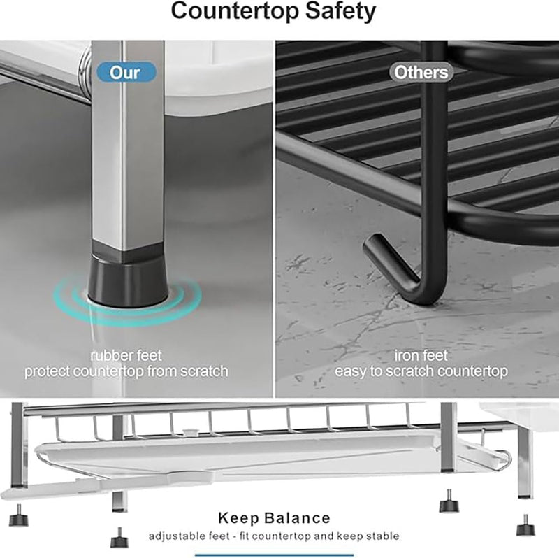 2-Tier Stainless Steel Dish Drying Rack for Kitchen Counter Over Sink Dish Drainer Rack with Cutlery Holder Removable Drip Tray(Medium Size)