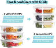6-Pack Meal Prep Container Set,Glass Food Storage Containers,2 & 3 Compartments 32 oz, Airtight Glass Container with Lids, BPA-Free,Perfect for Kitchen Storage,Microwave,Freezer & Dishwasher - Clear-6 Pack