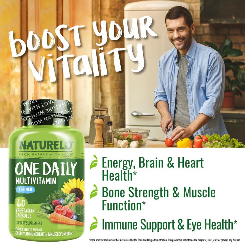 NATURELO One Daily Multivitamin for Men - with Vitamins & Minerals + Organic Whole Foods - Supplement to Boost Energy, General Health - Non-GMO - 60 Capsules - 2 Month Supply