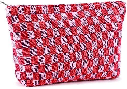 ZLFSRQ 3Pcs Checkered Makeup Bag for Women Large Cosmetic Bag Set Travel Toiletry Bag Makeup Pouch Bag for Purse Pink Zipper Storage Bag Organizer Cute Small Aesthetic Girls Car Essentials Bag