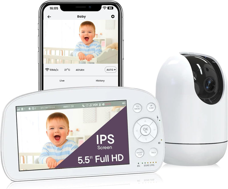 Jazaad 5.5" Wifi Baby Monitor - 1080P Full HD Split Screen & 2200ft Range, Monitor & App Control, Cry & Motion Alerts, Full HD Night Vision, 5000mAh Battery, 2-Way Talk, Multi-User, Triple Security