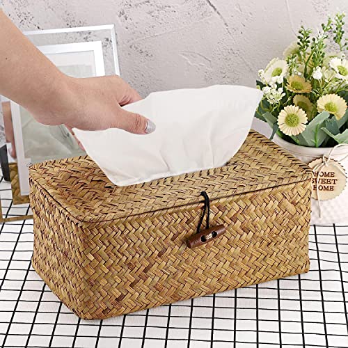 Angju Rectangular Rustic Seagrass Wicker Tissue Box Cover, Natural/Earthy Tone Facial Tissue Holder for Bathroom Vanity Toilet Dresser Table Countertop Office Car