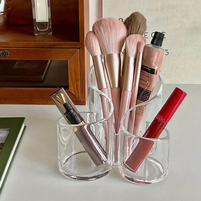 AMERTEER Makeup Brush Holder, Makeup Brush Organizer, Acrylic Makeup Organizers,3 Slots Makeup Organizer Pot, Circular Clear Acrylic Make Up Brush Organization Vanity Bathroom Bedroom Office Table Top