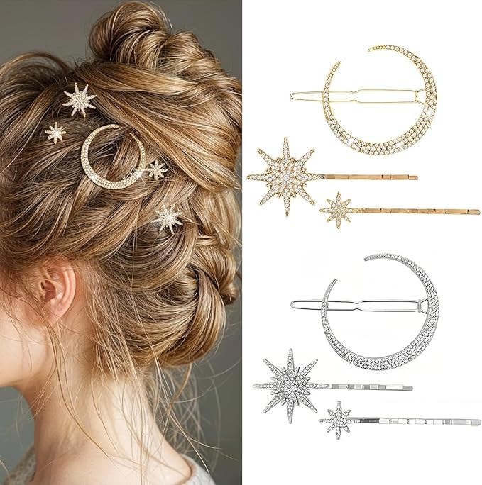 Rhinestone Hair Accessories Set, 6 Pieces Moon and Stars Hair Clips, Alloy Diamond-studded Hair Accessories for Women Girls (Gold+Silver)