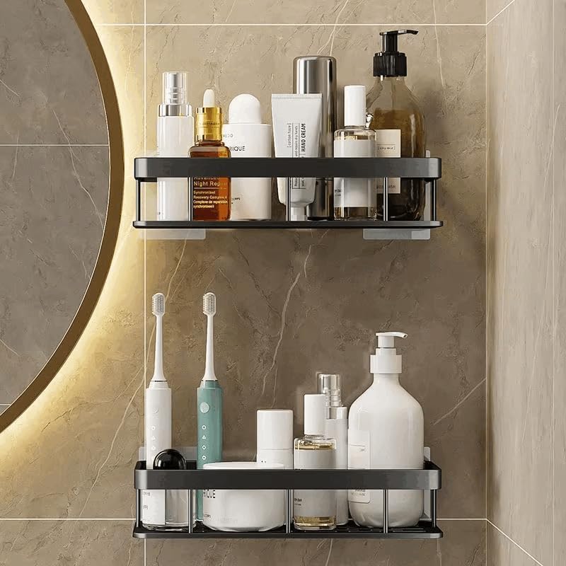 O-ONE LIVING Shower Caddy Shelf – Self Adhesive No Drilling- Bathroom Shower Rack- Wall Mounted -Organizer with Rustproof Basket-Toilet and Kitchen Durable & Modern 2pcs in 1Set BLACK