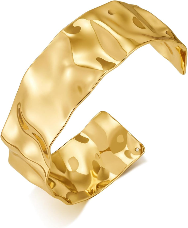 Hammered Chunky Cuff Bracelets for Women Vintage Boho Wide Bangle Bracelets Irregular Statement Bracelet Thick Gold Silver Bracelet - Hammered Cuff