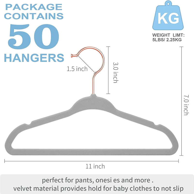 Red Dot Gift® 50 Pack Baby Velvet Hangers 11Inch/28cm - Nursery Clothes Hangers Non Slip Toddler Hangers, 360 Chrome Swivel Hook (White, 50)