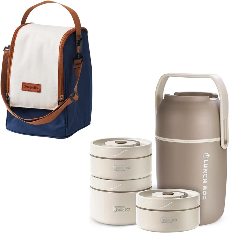 TAPIT Stainless Steel Lunch Box - Insulated Bento Box Multifunctional Containers Food Containers with 2 Compartments,Tableware, Nylon insulation bag (Grey) - 2*420ml+1*550ml+1*lunch pail-A