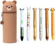 2 in 1 Soft Silicone School Pencil Case with 6PCS Erasable Gel Pens, Pencil Case and Desk Pen Holder, Retractable Capacity, Zipper Closure (Bunny) - Teddy Bear