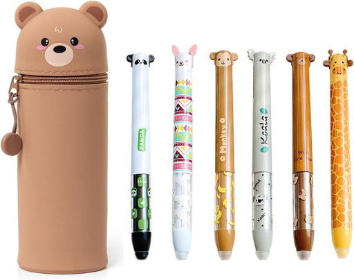 2 in 1 Soft Silicone School Pencil Case with 6PCS Erasable Gel Pens, Pencil Case and Desk Pen Holder, Retractable Capacity, Zipper Closure (Bunny) - Teddy Bear