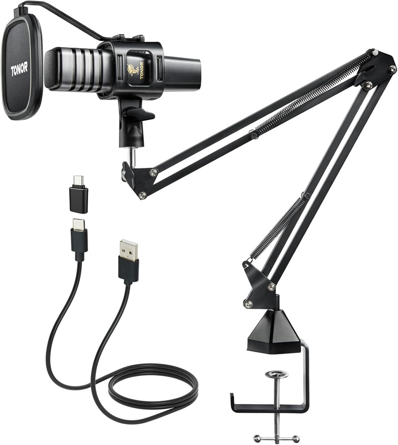 TONOR Gaming USB Microphone PC, RGB Condenser Computer Mic with Tripod Stand, Quick Mute, Gain Control, Gaming, Streaming, Podcasting, Recording, Cardioid Mic Kit Laptop/PS4/PS5 TC777 Pro, black - Arm Stand
