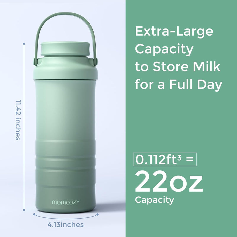 Momcozy 22oz Portable Breast Milk Cooler for Outdoor, Life Saver with 360 Total Cooling for 24 Hours, Larger Capacity Travel Breastmilk Chiller with 2pcs Baby Bottles for Breastmilk Storage, Green