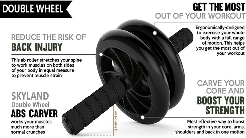 SKY LAND Ab Double Wheel Exercise Roller Wheels - Black, Abdominal Wheel, Core Strength & Stability Trainer for Home Workouts, Compact & Portable Abdominal Fitness Equipment