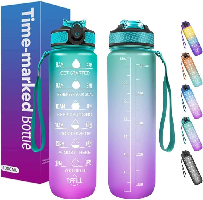 AeDukan Sport Water Bottle 1L / 32oz with Motivational Time Marker Straw Strainer Tritan Plastic BPA Free for kids Fitness Gym Office Outdoor School Sports and Exercise Leak Proof (Green & Purple)