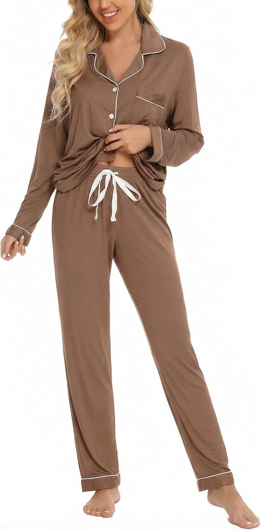 Button Up Pajama Set For Women Long Sleeve Shirt And Pajama Pants Soft Pjs Lounge Sets - Brown