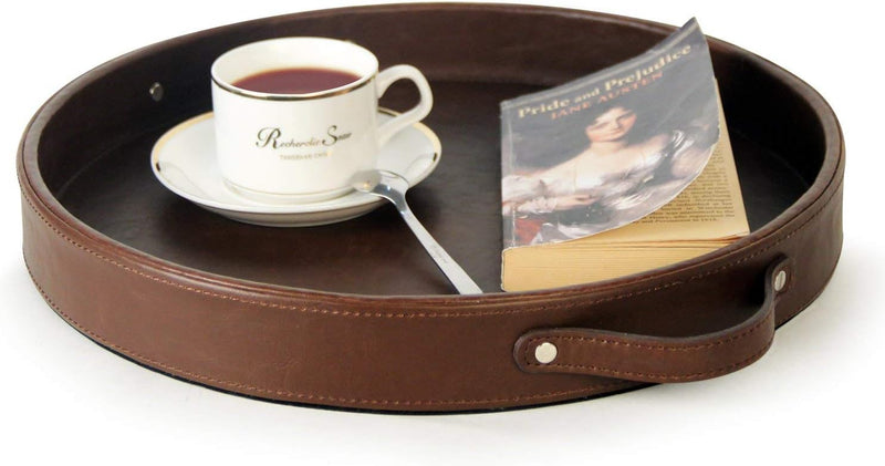 HofferRuffer Ms.Box PU Leather Round Serving Tray with Handles, Brown - Brown