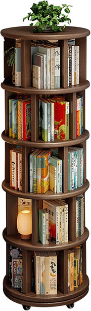 DAYONG 5-Tier Rotating Bookshelf, Large Capacity Solid Wood Bookcase with Wheels, Space-Saving Book Shelf Storage Display Rack Floor Standing Shelves for Small Space, Corner, Office (Walnut) - Walnut