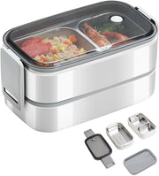 Bento Lunch Box For Kids Adult,Stainless Steel tiffin box with Spoon Chopsticks,Insulated Bento Box,LUnch BoX Containers with 2 tier 3 Compartments,for Work School Travel - White
