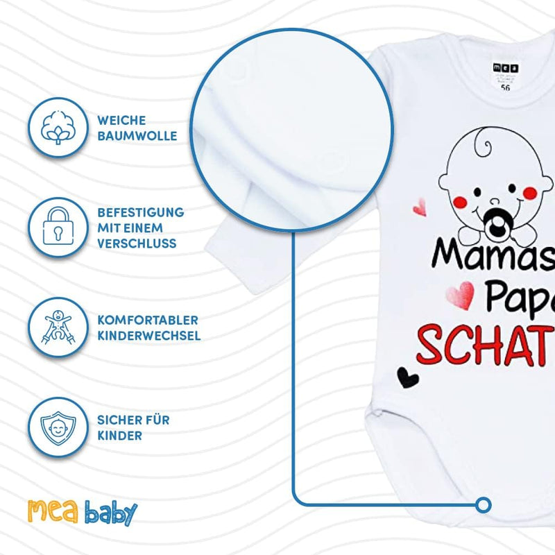 MEA BABY Unisex Baby Long-Sleeved Bodysuit with Saying Mamas & Papas Schatz, 100% Cotton, Baby Bodysuit White for Girls, Baby Bodysuit White for Boys