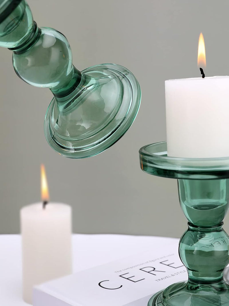 Lewondr Glass Candle Holders, 3 Pieces Crystal Clear Candlesticks with Elegant Design for Pillar Taper Candle and Tea Light, Home Table Living Room Wedding Party Decorations Home Décor - Clear