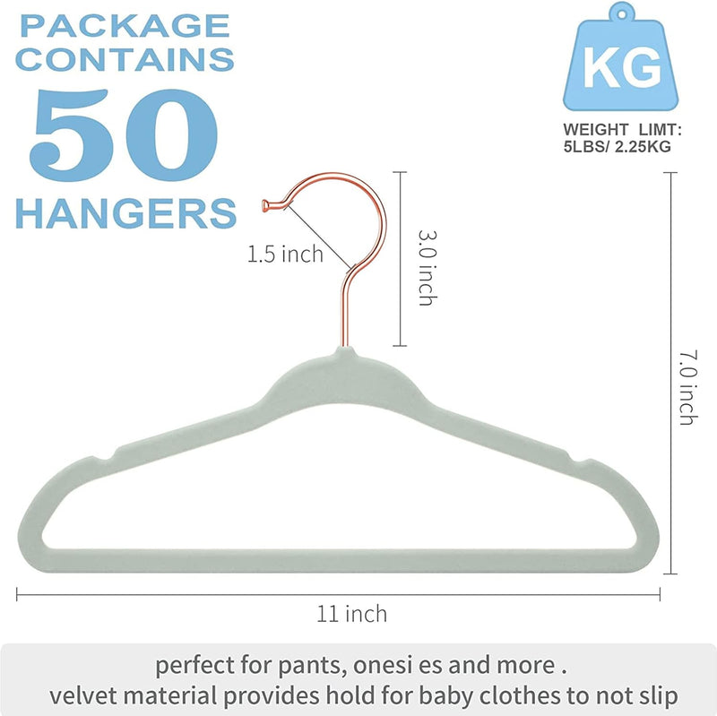 Red Dot Gift® 50 Pack Baby Velvet Hangers 11Inch/28cm - Nursery Clothes Hangers Non Slip Toddler Hangers, 360 Chrome Swivel Hook (White, 50)