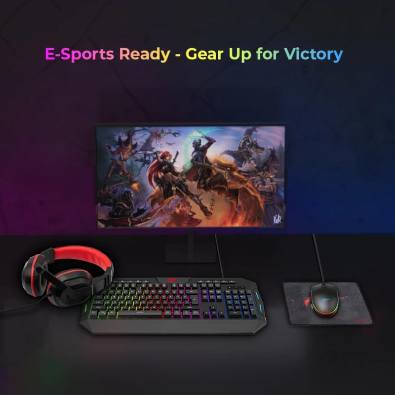 HAVIT 4-in-1 Wired Gaming Combo RGB Backlit Keyboard (114 Keys), 6-Button Mouse (8002400 DPI), 3.5mm Headset with Mic, Fine-Mesh Mouse Pad PC, Mac, Laptop Compatible Black/Red