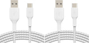 Belkin Fast Charge Braided USB C charger cable, USB-C to USB-A cable, USB type C charging cable for iPhone 15, Samsung Galaxy S23, Google Pixel, iPad, MacBook, Nintendo Switch and more - 2m, Black - White 2M (Pack of 2)