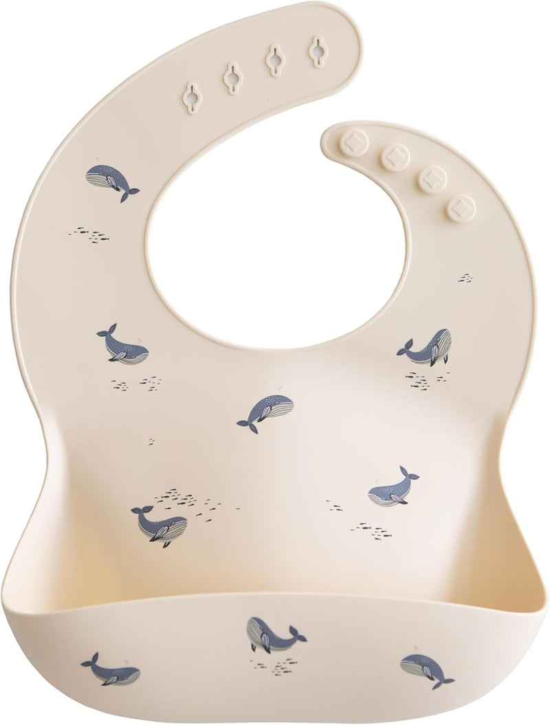 Silicone Baby Bib with Built-in Neck Fastener - Dishwasher Safe BPA-Free Baby Feeding Set for Comfort & Cleanliness - Elegant Patterns for Stylish Bibs 11 x 9.5 inches Clay, One Size - Whales