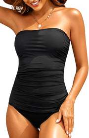 Bandeau Swimsuits for Women Two Piece Bathing Suits Ruched Tummy Control Tankini Sets Strapless Swimwear - Black