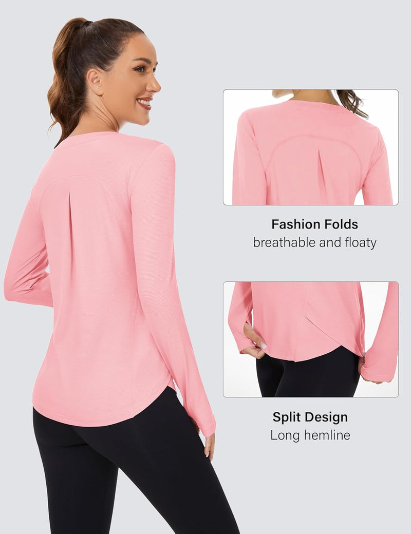 Rapbin Women's UPF 50+ Sun Protection T-Shirts Long Sleeve Boat Neck Workout Lightweight Quick Dry Top with Thumb Hole