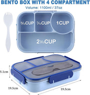 Bento Lunch Box, Microwave Safe Food Container with 4 Compartments & Fork, 1100ML, Leakproof Meal Prep for Men & Women, Reusable, 1 Pcs (Blue)