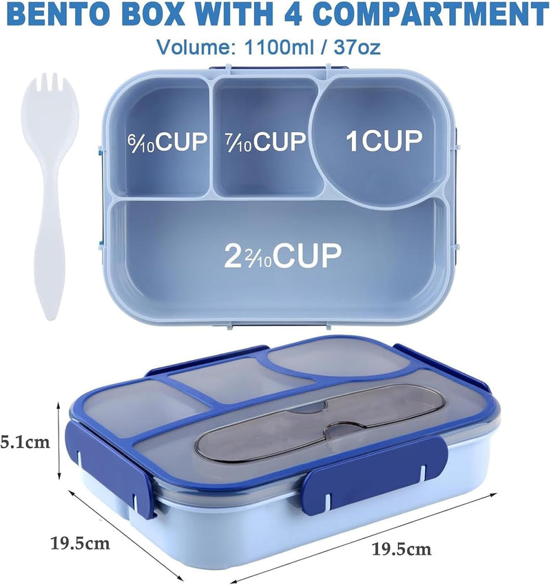 Bento Lunch Box, Microwave Safe Food Container with 4 Compartments & Fork, 1100ML, Leakproof Meal Prep for Men & Women, Reusable, 1 Pcs (Blue)