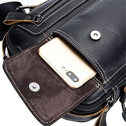 BULLCAPTAIN Men's Small Shoulder Bag, Genuine Leather Bag, Retro lightweight Cross Body Everyday Satchel Bag for Business Casual Sport Hiking Travel, Black, 2T, Traveling