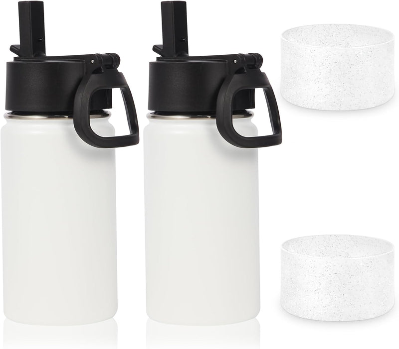 14oz Water Bottle with Straw Lid and Silicone Boot Bulk 2 Pack,Stainless Steel Insulated Cups for Boys & Girls Multipack,Double Wall Vacuum Leakproof Kids bottles(Red,1) - 2 White