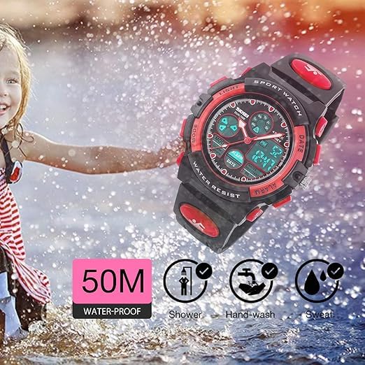 Kids Watch,Unisex Kids Watch for 3-15 Year Old Boys,Digital Sport Outdoor Multifunctional Chronograph LED 50 M Waterproof Alarm Calendar Analog Watch with Luminous for Children,Kids Gift (Red)