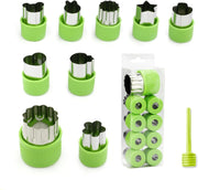 NASHRIO 9Pcs Different Shapes and Sizes Stainless Steel with Plastic Cover Mini Fruit Cookie Stamps Mold, Vegetable and Cookie Cutters Shapes Set for Kids Baking. (Green) - Green