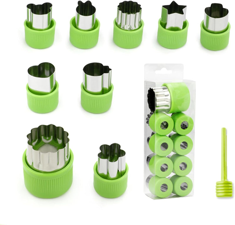 NASHRIO 9Pcs Different Shapes and Sizes Stainless Steel with Plastic Cover Mini Fruit Cookie Stamps Mold, Vegetable and Cookie Cutters Shapes Set for Kids Baking. (Green) - Green