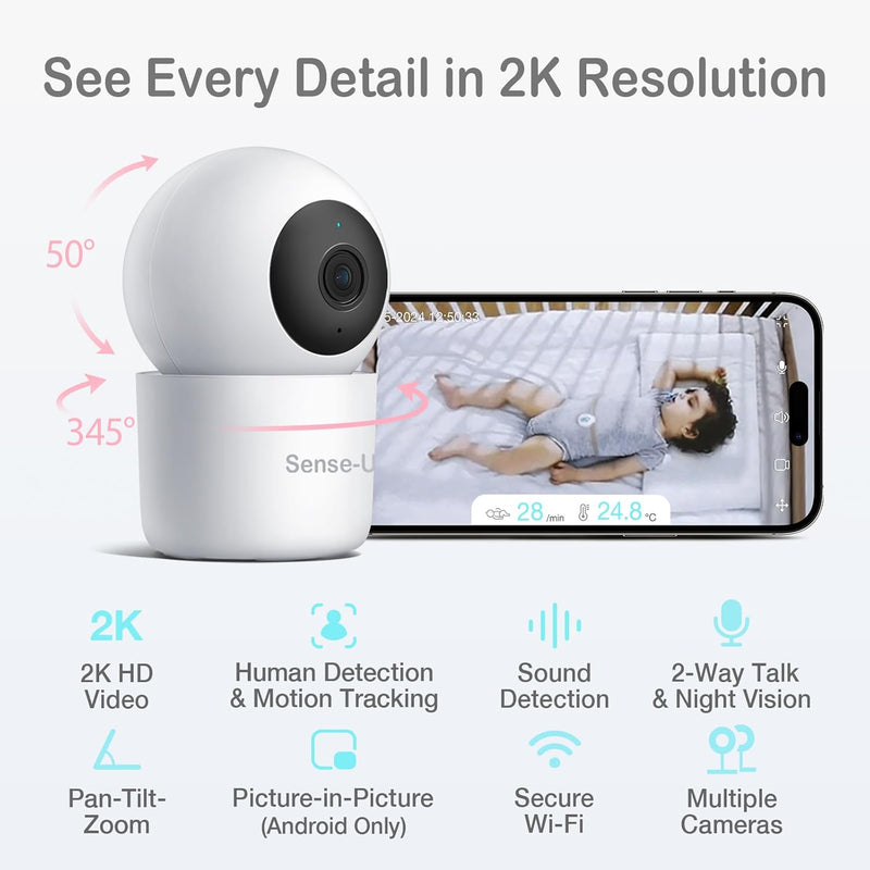 Sense-U Smart 2K Video Baby Monitor, Pan/Tilt, Person/Baby Crying/Motion Detection, 2-Way Talk, Night Vision, Background Audio, No Monthly Fee, (Compatible with Smart Baby Monitor)